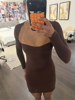Princess Polly Brown Ribbed Long Sleeve Square Neck Mini Dress